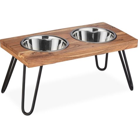Set di 2 ciotole per cani rialzate in acciaio inossidabile supporto in metallo e legno di acacia 40 x 20 x 30 cm in metallo nero 130010745