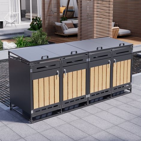 Ensemble de 4 conteneurs de rangement avec couvercles hydrauliques, revêtement vertical imitation bois, perforations d'aération, armoire de jardin en fer avec serrure