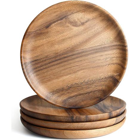 Lot de 4 Assiettes en Bois d'Acacia 15cm, Rondes pour Apéritif, Dessert et Cocktail