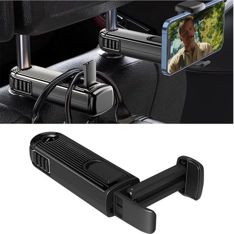 Auto-Kopfstützenhaken, Multifunktionaler Autohaken mit Handyhalterung, Tragbarer Organizer-Halterhaken für Handy, Handtasche, Geldbörse (Schwarz) (1/5)