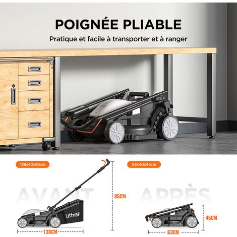 Litheli – Tondeuse à batterie 33 cm – Moteur Brushless – 5 hauteurs réglables – Bac 30 L – Pour pelouses jusqu'à 500 m²