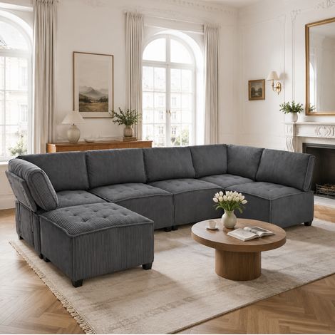 Canapé modulaire 6 places en velours côtelé, configurations U/L/lit, 308 x 154 x 82 cm, gris (1/5)