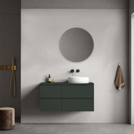 Mobile bagno sospeso reversibile  100 cm Verde Comodoro  per Lavabo d'appoggio Specchio Tondo - Fiji Paint Top