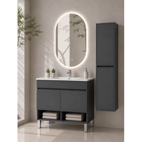 Bathroom cabinet with legs and ultra-slim basin ORIGENBATH NEBARI with legs and doors without mirror 60x35 cm graphite with column (1/5)