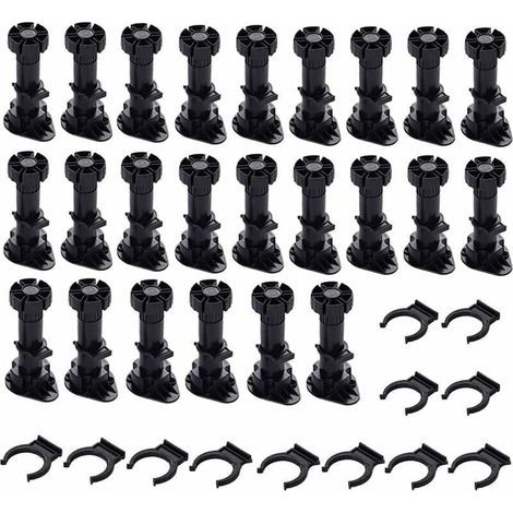 24 Pièces Pieds D\\'Armoire Plastique,Pied de Meuble,Pied Réglable pour Meuble,Noir Pieds de Meuble Plastique avec Clip Fixation Base pour Meubles de Cuisine,Armoire et Canapé (150mm-180mm) (1/5)
