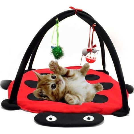 Tapis de jeu et d’activité mobile pour chien ou chat, Lit rembourré pour animal domestique avec jouets suspendus : clochettes, balles et souris (1/5)