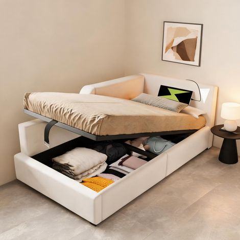 Cadre de lit beige en velours 203 x 98 x 70,5 cm (1/5)