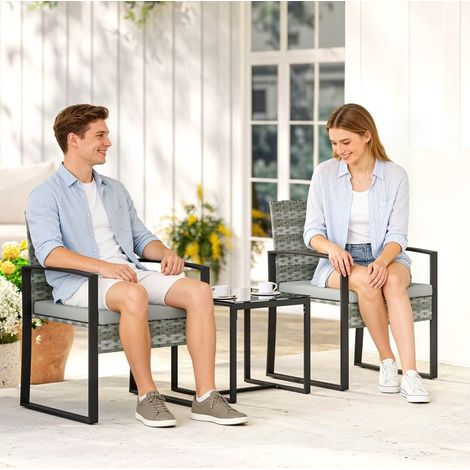 Set da giardino in rattan 2 posti, acciaio, grigio chiaro, con cuscini sfoderabili e tavolino in vetro (1/5)
