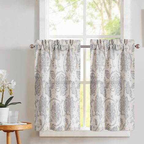 Lot de 2 rideaux brise-bise en lin imprimé fleurs - Semi-transparent - Pour cuisine, salon, maison de campagne - 60 x 65 cm (H x l) - Gris sur beige (1/5)