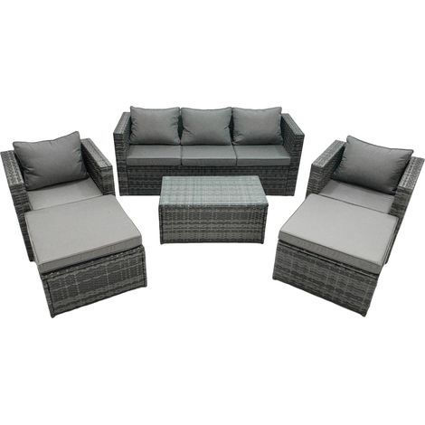 Fimous Rattan Garden Furniture Dining Set 7-seater Patio Coffee Table Sofa Set with 2 Armchair 2 Big Footstools Dark Grey Mixed (1/5)