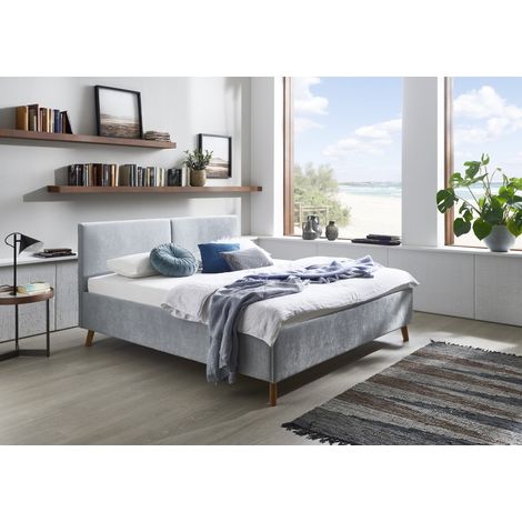 Meise Möbel Polsterbett Piano 160x200 cm Doppelbett Bettgestell Kopfteil mit tiefem Einzug Strukturstoff Hellblau Holzfuß eichefarbig (1/5)