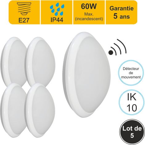 Lot de 5 appliques d'extérieur Hublot E27 à détecteur HF (mouvements et crépusculaire) rond IP44 IK10 - garantie 5 ans
