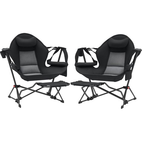 2 chaises à bascule de jardin extérieures avec repose-pieds, poches pour gobelet et sac de transport 120 kg, noir, porte-tête