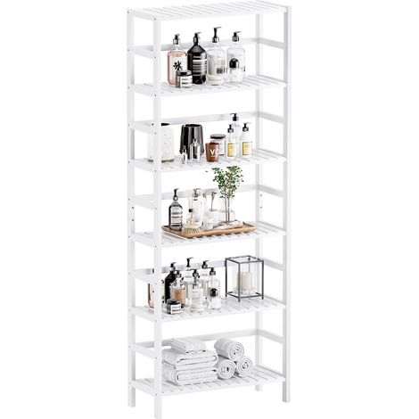 Bibliotheque 6 Niveaux, Etagere Salle de Bain Rangement Bambou avec Étagères Réglables, Support de Plantes Gain de Place, pour Salon, Bureau, Cuisine, Blanc (1/5)