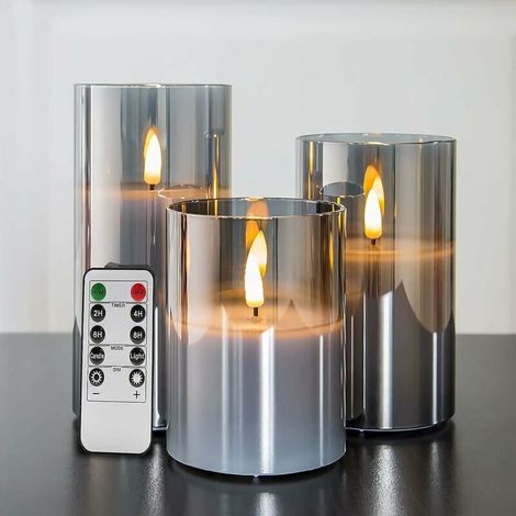 Flameless, silver-grey glass flickering candles with remote control, pack of 3 realistic LED fake candles ∅ 3 H 4 5 6 (1/5)