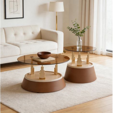 Set mit 2 runden Couchtischen aus gehärtetem Glas und braunem Metall, Nesting-Design (1/5)