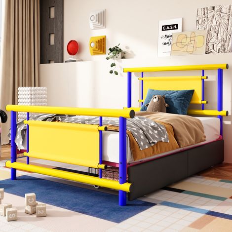 Lit enfant métal 90x200 cm avec tiroirs, lit plateforme coloré, structure acier robuste, gain de place pour chambre fille ou garçon - Bleu
