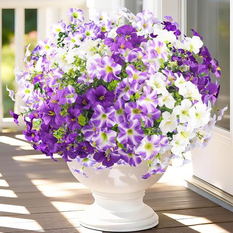 9 Bouquets of Artificial Flowers Outdoor Purple White Petunias Outdoor Artificial Flowers Weatherproof for Balcony Planters and Indoor Decoration Artificial Silk Flowers Balcony Flower Pot Home Decor (1/5)