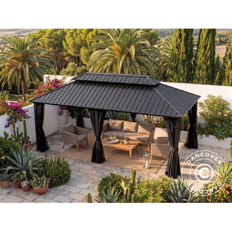Gazebo Santa Fe Steel+ w/curtains and mosquito net, 3.65x6 m, Black - Dancover
