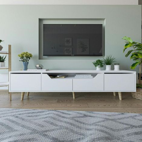 Long meuble TV blanc moderne, 4 portes 180 cm MARFA
