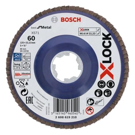 Bosch – Disque à lamelles pour meuleuse 125mm – Grain 60 – Pour acier spécial et fonte – Longévité élevée – Plateau en fibre de verre