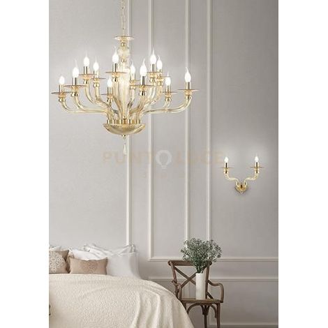 LAMPADARIO VILLA VETRO E METALLO 12 LUCI ORO E AMBRA ATTACCO E14 D.85CM