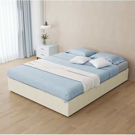 Lit moderne 140x200 cm en velours hollandais beige, structure métal, tête de lit haute, sommier à lattes, espace sous lit (1/5)