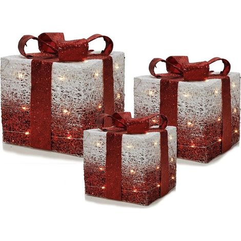 Set di 3 Pacchi Regalo Luminosi Bianco e rosso con LED Decorazione Natalizia  Fiocco Silver per albero di natale ornamento bar hotel ristorate (1/4)