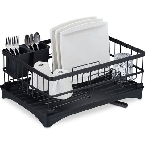 Relaxdays Dish Drainer, with Drainage, Drying Rack for Plates, Bowls, Cups, HWD: 18 x 42 x 30 cm, Crockery Holder, Black (1/5)