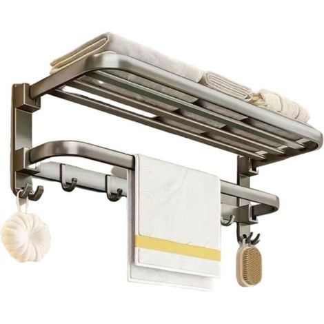 Bathroom towel rack, 61cm towel shelf with foldable towel bar and 7 hooks (grey) (1/5)