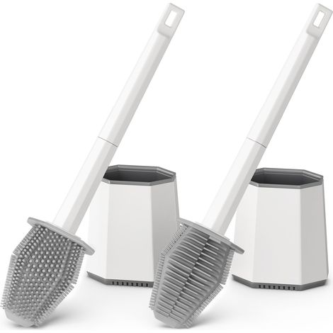Brosse Toilettes WC, Lot de 2 Brosse WC Silicone Murale, Balayette WC avec Tête Double et Long Manche en Plastique, Accessoires de Salle de Bain (Blanc) (1/5)