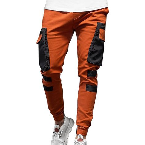 Pantalon cargo multipoches pour homme, coupe slim, idéal pour le jogging et le travail - Taille M - Orange (1/5)
