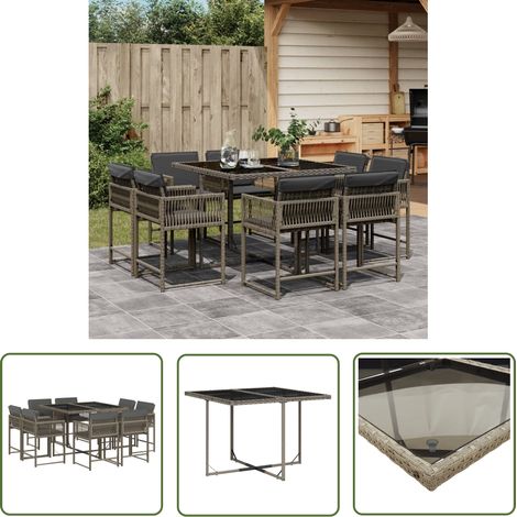 The Living Store 9-tlg. Garten-Essgruppe mit Kissen Grau Poly Rattan - Gartentisch - Gartenmöbel - Essgruppe - Outdoor Möbel - Terrassenmöbel (1/5)