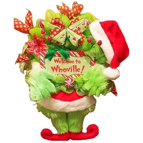 Grinch Couronne de Noël en peluche, couronne de Noël, couronne de décoration de porte d'entrée, décoration de la maison, couronne de Noël pour jardin, maison festival DENUOTOP