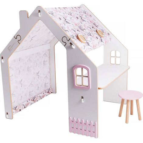 Casetta per bambini in legno Bianelli con scrivania - 114 x 93 x 120 cm - Bianca / Rosa