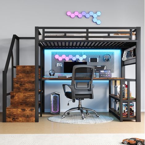 Cama alta juvenil con escritorio y LED negra OKMYHOME (1/5)