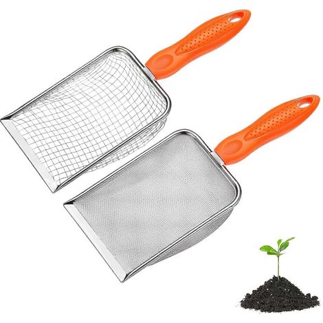 Tamis à terre de jardin METERXITY lot de 2, maille 5/28 mm acier inoxydable, poignée antidérapante, pour sable, terre, cailloux, compost blanc orange (1/5)
