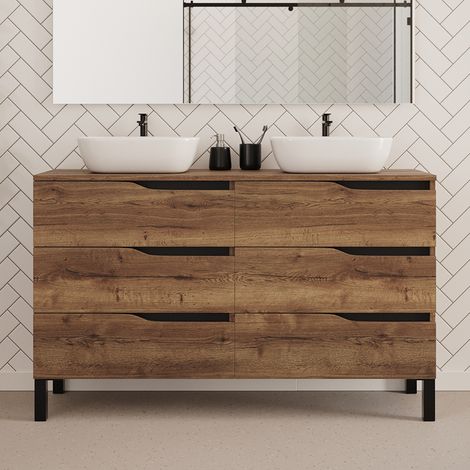 Meuble de salle de bain 140cm avec plateau et deux vasques à poser zeus - 6 tiroirs - sans miroir - tabaco (chêne foncé) - MATA (1/4)