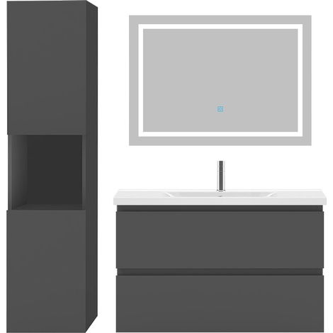 Ocean Ensemble meubles Salle De Bain 80cm vasque + colonne + miroir Anthracite