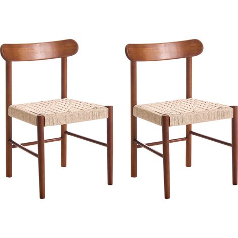Conjunto de 2 sillas de comedor estructura de madera de caucho asientos de cuerda de papel comedor sin reposabrazos estilo retro marrón y beige Eagan (1/5)