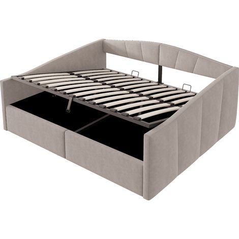 Letto divano 140 x 200 cm con contenitore idraulico, rete a doghe e braccioli, grigio chiaro (1/5)