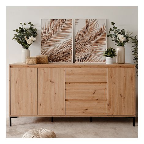 Buffet 3 portes 3 tiroirs L170 cm – Étagères intérieures – Panneaux MDF mélaminés – Pieds métal noir – Décor chêne artisan (1/10)