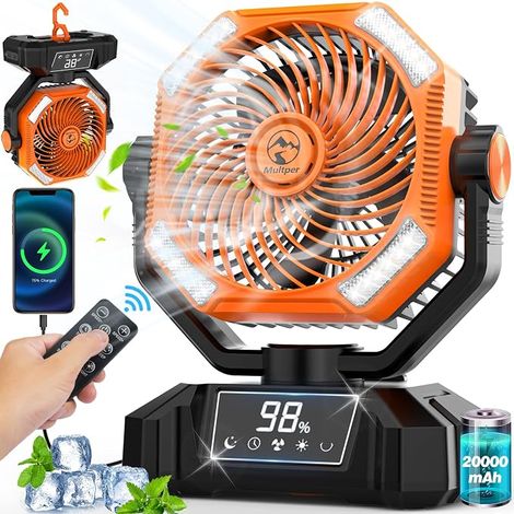Ventilador portátil recargable Multper de 20000 mAh para camping, 5 velocidades, silencioso, con luz LED, control remoto y gancho. Ideal para el hogar y el camping. (1/5)