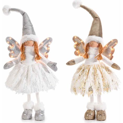 Petits anges de Noël robe en fausse fourrure douce, ailes lumineuses et paillettes, lot de 2, 17x8,5x H. 52 cm (bonnet déplié)