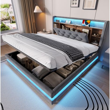 Cama tapizada 140x200 cm en terciopelo gris oscuro con almacenaje, LED y USB (1/5)