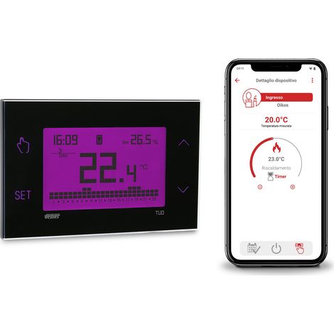 Thermostat 4G-LTE VE795900 – Contrôle à distance via application – Programmation hebdomadaire – Écran tactile multicolore – Vemer