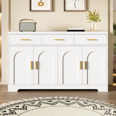Buffet bas de cuisine et salon, 140x40x83cm, meuble de rangement moderne avec 4 portes arquées et 3 tiroirs, bahut avec étagères réglables, Blanc (1/5)