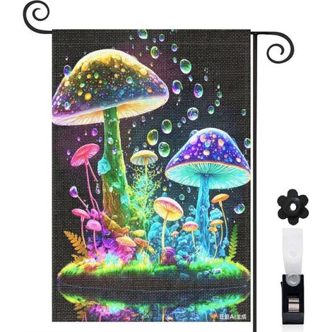 Drapeau de jardin décoratif 30 x 45 cm motif champignons colorés style féerique toile double face (1/5)