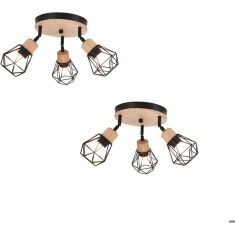 2x 3 Spots de Plafond Industriel,Plafonnier Spot Vintage en Bois et Métal Abat-jour Design Cage Style Edison pour Salon Cafes (1/5)