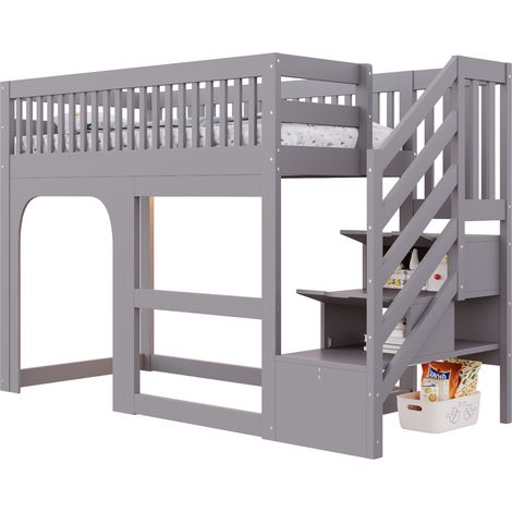 Lit mezzanine enfant 90 x 200 cm gris avec escalier de rangement, LED, barrières de sécurité et espace de jeu sous le lit, pour chambre compacte – CHICFURN (1/5)